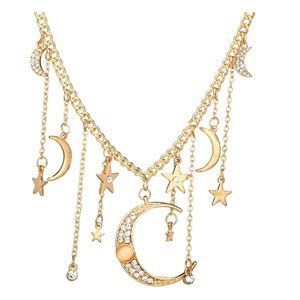 Gold Crystal Star Moon Choker Necklace Charm